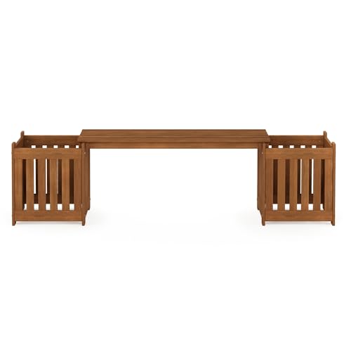 Furinno TIOMAN Planter Box with Bench, Hardwood Flower Box with Seat, Cube Garden Box, in Teak Oil, Outdoor Indoor, Garden, Patio, Balcony, Light Wood - size: 16" x 16" Boxes with 41" Wide Bench