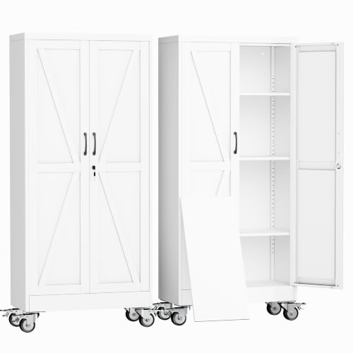 erosoe 61" H Metal Garage Storage Cabinet, Rolling Tool Cabinet with 2 Doors and Wheels, Locker Steel Cabinet with 3 Adjustable Shelves, Organization Cabinet for Garage,Office,Home,Gym,School - color: White, size: 61" CasLck-M
