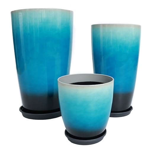 24,21,11 Inch Large Plastic Planters with Drainage Hole and Saucer - Set of 3 Tall Plant Pots Indoor Flower Pot Tall Round Planters Outdoor Large Tall Planter - color: Blue Black Gradient