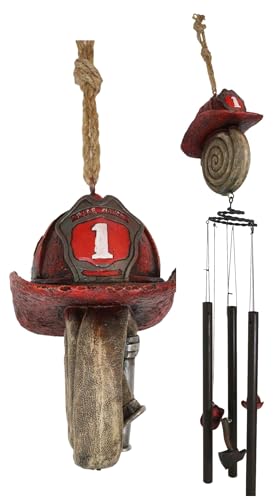 Ebros Gift Fire Fighter Axe Fireman Station Number 1 Hat with Coiled Water Hose Resonant Relaxing Wind Chime with Metal Tubes Patio Garden Accent 911 Emergency Civil Service Decorative
