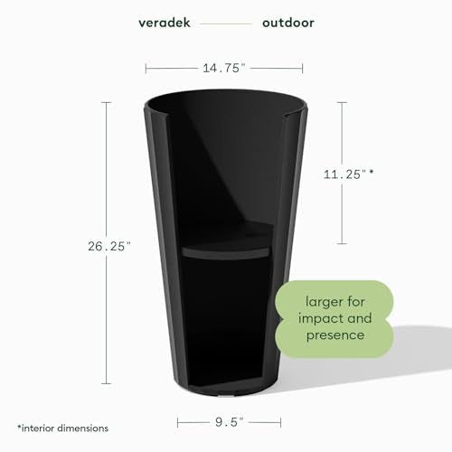 Veradek Column Series Tall Planter - Tapered Outdoor Planter with Shelf - color: Black, style: Wide Groove - 2 Pack