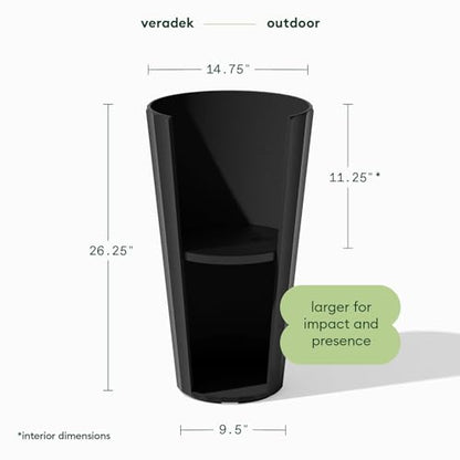 Veradek Column Series Tall Planter - Tapered Outdoor Planter with Shelf - color: Black, style: Wide Groove - 2 Pack