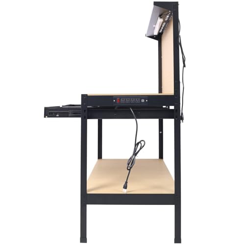 Heavy-Duty Workbench with Pegboard, Two Drawers, and LED Light, Multipurpose Garage Workstation