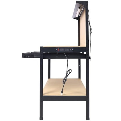 Heavy-Duty Workbench with Pegboard, Two Drawers, and LED Light, Multipurpose Garage Workstation