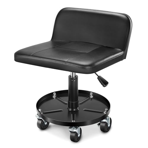 DNA Motoring Rolling Padded Seat Adjustable Height Seat 330lbs Capacity Rolling Mechanic Creeper Stool, W/Tool Storage Drawer & Tray, Black, TOOLS-00601 - style: Round Tray Black