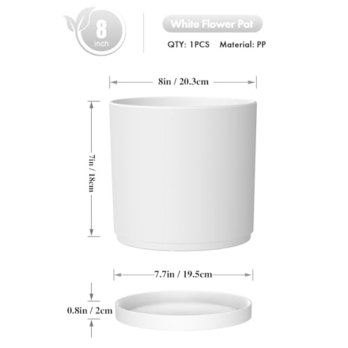 WSMKSZ 8 Inch Cylinder Plant Pots for Indoor Outdoor Plants, Medium Deep Flower Pots with Drainage Holes & Saucer, Decorative Plastic Planter Pots for Garden House Plants, White - color: White, size: 8 Inch Deep