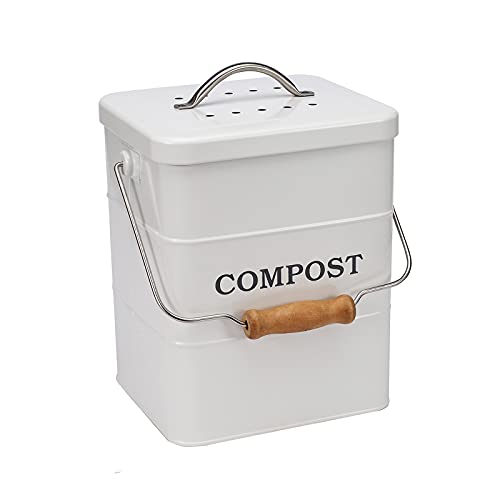 Compost Bin Kitchen Countertop Indoor Compost Pail Bucket, Great for Food Scraps, Carbon Steel, Handles, White, 1 Gallon - Includes Charcoal Filter - color: White