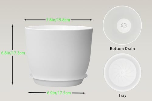 8 Inch Plant Pots Set of 4, Plastic Planters with Drainage Holes and Tray, Flower Pots for Indoor Outdoor Plants and Flowers (White) - color: White
