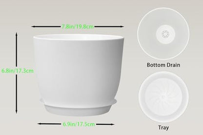 8 Inch Plant Pots Set of 4, Plastic Planters with Drainage Holes and Tray, Flower Pots for Indoor Outdoor Plants and Flowers (White) - color: White