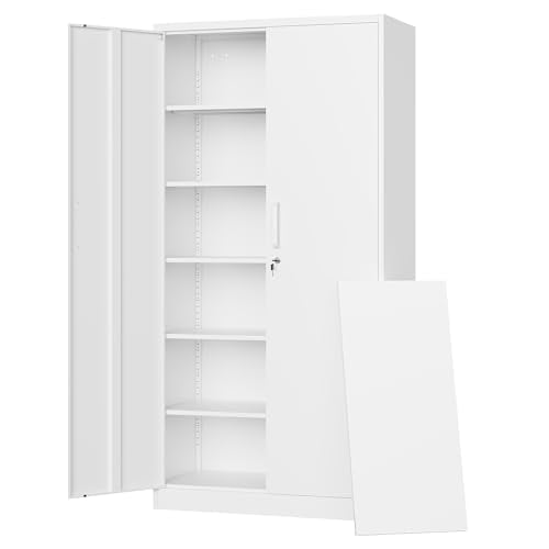 Letaya Metal Storage Cabinets with Lock Door,Steel Locker Garage Cabinets 5 Adjustable Shelves for Home,Office, Warehouse(White) - color: White, size: 71 X 32 X 16 In(H X W X D)