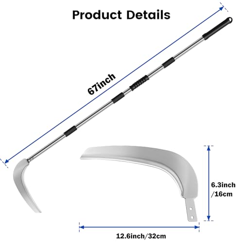 12.6'' Scythe Tool for Grass Cutting, 4 Stainless Steel Poles, Adjustable Dual-hand Grip, Professional-Grade Blade, for Clearing Bushes, Vines, Fields, Ditches, Paths, Landscaping, 67in, Silver.