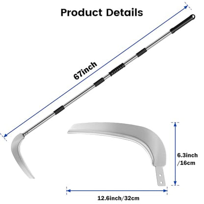 12.6'' Scythe Tool for Grass Cutting, 4 Stainless Steel Poles, Adjustable Dual-hand Grip, Professional-Grade Blade, for Clearing Bushes, Vines, Fields, Ditches, Paths, Landscaping, 67in, Silver.