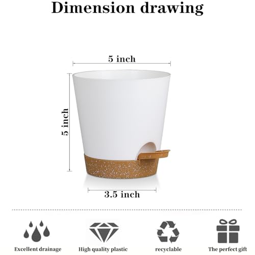 5 Pack 5 Inch African Violet Pots Self Watering, Self-Watering Planters with Drainage Holes & Reservoir, White Brown Plastic Pots for Indoor Outdoor Plants, Succulents & Flowers - color: White Brown, size: 5 inch 5 pcs