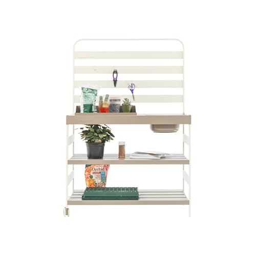 Vego Garden Metal Potting Bench, Outdoor Gardening Table Work Bench with Wheels and Large Steel Tabletop, Potting Workstation with Removable Sink and Lid for Outside Plants