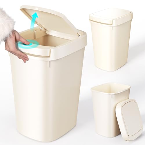 CEROELDA 3 Pack Bathroom Trash Can with Lid, 10L/2.6 Gal Small Garbage Can with Press Top Lid, Slim Plastic Waste Basket for Toilet, Office, Bedroom (Beige) - color: 3 Pack-Beige