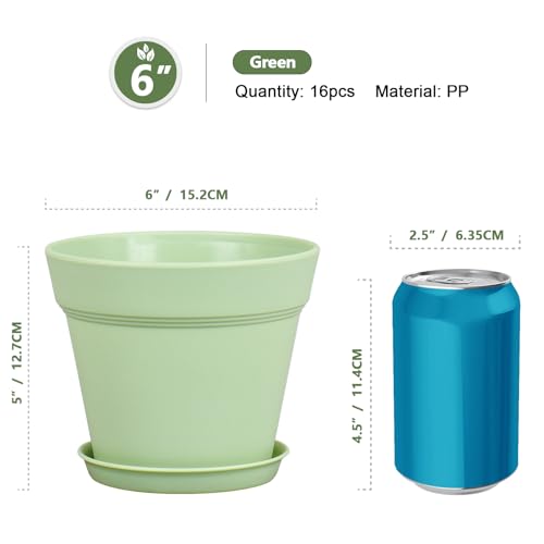 Meowell 6 inch Plastic Nursery Pots, 16 Pack Plant Pots for Small Indoor Outdoor Plants, Flower Pots with Drainage Holes and Saucers, Decorative Seeding Starter Planters for Houseplants, Green - color: Green, size: 6inch 16pcs
