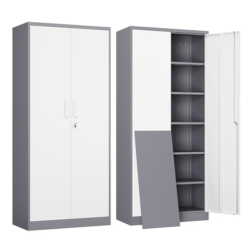 Yizosh Metal Garage Storage Cabinet with 2 Doors and 5 Adjustable Shelves - 71" Steel Lockable File Cabinet,Locking Tool Cabinets for Office,Home,Garage,Gym,School (Gray White) - color: Gray White, size: 71"H x 31.5"W x 15.7"D (5 Shelves)