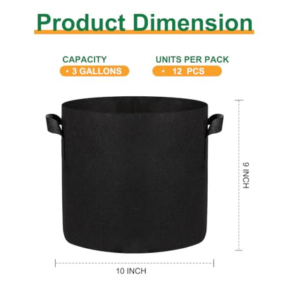 JERIA 12-Pack 3 Gallon Grow Bags, 300G Thickened Nonwoven Garden Pots,Heavy Duty Fabric Pots with Reinforced Handles - size: 3 Gallons