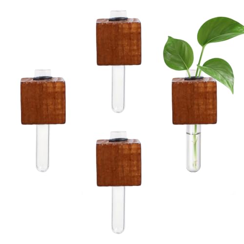 4 PCS Wooden Flower Vase Fridge Magnets, Glass Tube Flower Vase