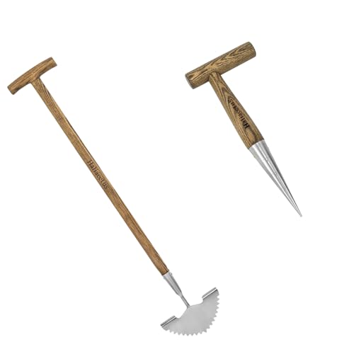 Haliaeetus Hand Dibber, 39.3'' Garden Edger with Serrated Edge for Easily Hacking Through Dirt and Weed, Hand Edger with T-Grip Offer Comfort and Control, Stainless Steel Lawn Edger Tool for Sidewalk
