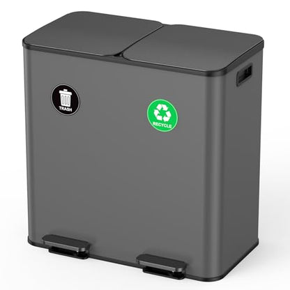 Lovewind Dual Trash and Recycling Bins for Kitchen, 2 * 11-Gallon Stainless Steel Double Trash Can, Step-On Garbage and Recycle Combo, Quiet Close, Pet-Proof, Compatible with 13-Gallon Bags, Grey - color: Gray, size: 2 x 11 Gallon