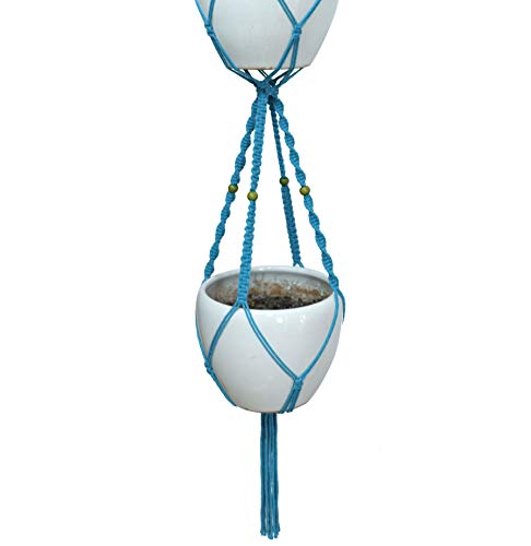 Macrame Plant Hanger & Holder, Hanging Planter 4 Legs Double Deck for 8 inch to 10 inch Two Pots Indoor Outdoor Hanging Planter Cotton Rope 67 Inch with Metal Ring (Cotton-Turquoise) - color: Turquoise