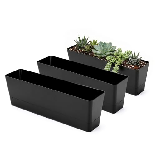 GREANER 3PCS 16x3.8 Inch Window Boxes Planters, Black Rectangle Planters Box with Drainage Holes and Trays, Herb Succulents Flowers Plastic Pot for Windowsill, Garden, Balcony, Indoor, Outdoor Decor - size: 3Packs/16x3.8in-black