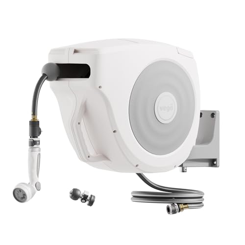 Garden Hose Reel Retractable 1/2" x 130ft Wall Mounted Hose Reel Automatic Rewind, Any Length Lock with 9 Patterns Sprayer Nozzle, Quick Connector and Adjustable shot Nozzle- Cloud White - color: Cloud White, size: 130ft