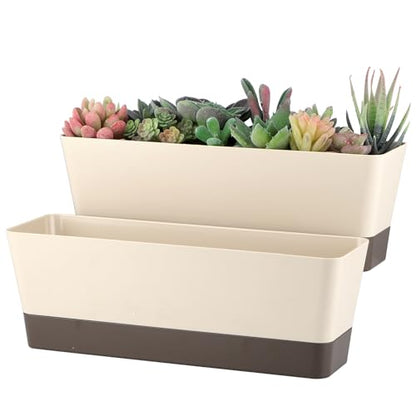 Window Box Planter with Tray, 12" Rectangle Plant Pot, Pack of 2 (Beige)