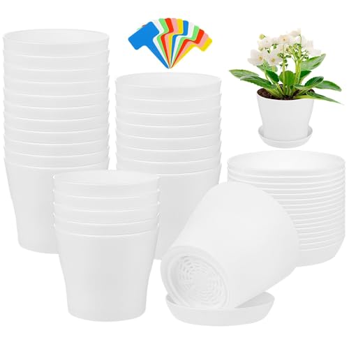 Aodaer 24 Pack 4 Inch Plastic Planters with Multiple Drainage Holes and Tray Indoor Outdoor Flower Plant Nursery Pots with Labels Flower Seedling Pots for Herb Garden Home Succulents, White - color: White