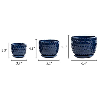 Ceramic Flower Pots with Drainage Hole and Saucer, North European Style Round Indoor Succulent Planters with Honeycomb Inspired Texture Design, Small to Medium-Sized, Set of 3, Navy Blue - size: 6.4"+5.2"+3.7" - Set of 3, style: Modern