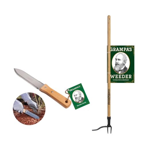 Grampa's Weeder & Garden Knife Bundle - Original Stand Up Weed Puller with Bamboo Handle & 4-Claw Steel Head + Versatile 7" Hori Hori Knife with Serrated & Straight Blade for Weeding, Digging, and Pla