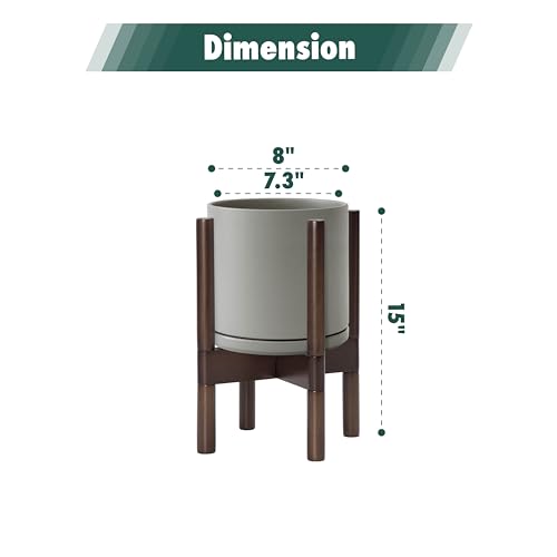 D'vine Dev Ceramic Pot with Walnut Wood Stand, Grey, 8 in, 55-B-Y-3 - color: Grey Pot + Walnut Color Stand, size: 8 Inch