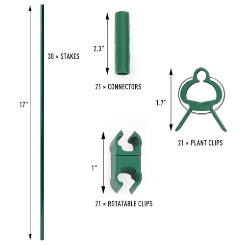 MAXPACE 93pcs Garden Stakes Kit: Includes 30 Sets of Fiberglass Plant Sticks Supports & Accessories for DIY 4ft, 5ft, 6ft, 7ft Stakes for Tomato, Vegetables, Indoor & Outdoor Gardening Supplies - size: 17inch 30pcs