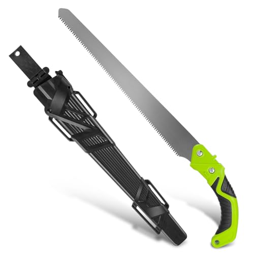 Auto Dynasty 15.5" Curved Hand Pruning Saw Straight Blade Handsaw with Scabbard Safety Sheath Non-Slip Comfort Grip for Sawing, Trimming, Gardening, Cutting Wood, Green - style: Straight Blade Waist Saw