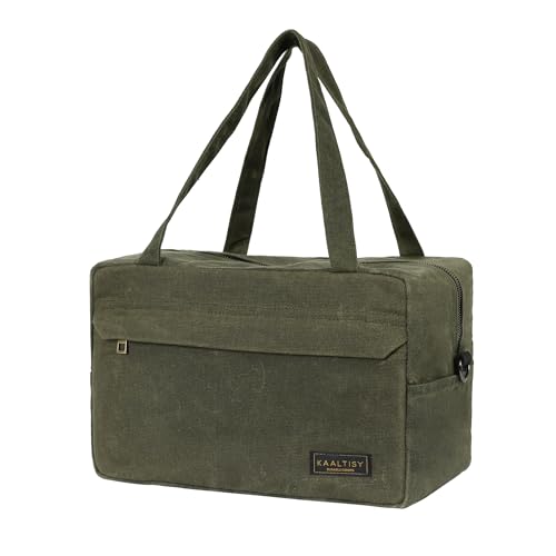 16OZ Waxed Canvas Tool Storage Bag, Heavy Duty Hand Tools Organizer with Hidden Zipper Pocket & 4 Internal Slots & Carrying Handle | Army Green | Multi-Purpose Tool Bag for Mechanic Electrics - S - color: ArmyGreen, size: S