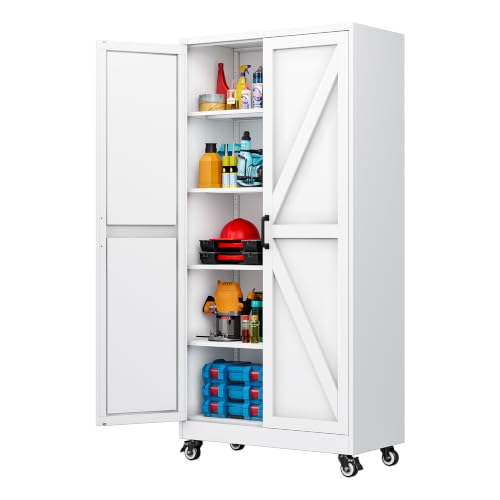 Wide & Deep Metal Storage Cabinet with Wheels,72 inch Tall Rolling Garage Storage Cabinet,White Metal Cabinets with Wheels and Shelves, Deep Heavy Duty Tool Cabinet for Garage,Home,Office,Shop - color: White, size: 72"H
