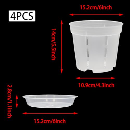 Orchid Pot with Saucers-Drainage Holes, 4 Pack 6 Inch Clear Plastic Breathable Slotted Pots for Repotting-Root Control Planter-Plastic Plant Pot for Butterfly Orchid, Hydroponics, Indoor & Outdoor - size: 6” with Saucers 4Pcs
