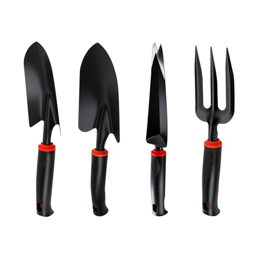 Vinid 4-Piece Heavy-Duty Garden Tool Set, Wide & Narrow Trowel, Root Remover, 3-Tine Cultivator, Hand Rake with Soft Rubber Non-Slip Handle, Idea Gift for Women, Mother