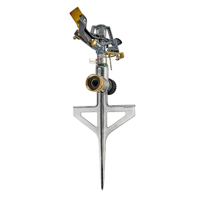 Impact Pulsating Sprinkler 300009 on Metal Step Spike, 70 ft Diameter Reach, 360° Range Control to Cover up to 3,900 Sq Ft for Farm, Lawn and Garden Irrigation, by New England Garden Tools