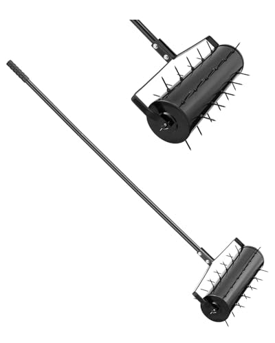 VEVOR Rolling Lawn Aerator, 21-inch Heavy-Duty Manual Rolling Aerator Lawn with Detachable Handle and 33 Iron Spikes, Rolling Lawn Aeration Tool for Garden Patio Yard Compacted Soils and Lawns, Black - size: 21-inch, style: Rolling
