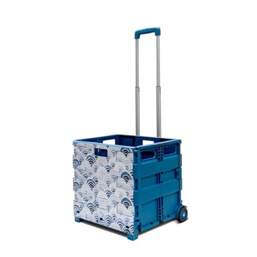 Inspired Living Ultra-Slim Rolling Collapsible Storage Pack-N-Roll Utility-carts, with Telescopic Handle, for Home, Garden, Shopping, Office, School use, Large, Blue, Wave Print - color: Wave Print
