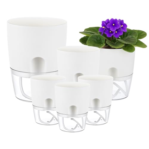 6 Pack Self Watering Pots for Indoor Plants, PlanterHoma 3.2/4/6 Inch Plant Pot Plastic Self Watering Planter for Orchid, African Violet, Small Clear Flower Pots with Drainage Holes and Wicking, White - color: White, size: 6 Pack (3.2/4/6 In)