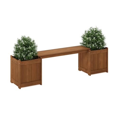 Furinno TIOMAN Planter Box with Bench, Hardwood Flower Box with Seat, Cube Garden Box, in Teak Oil, Outdoor Indoor, Garden, Patio, Balcony, Light Wood - size: 16" x 16" Boxes with 40.5" Wide Bench