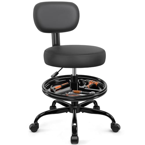 BestGlory Shop Stool with Wheels for Garage, Mechanics Rolling Chair with Backrest, Adjustable Height Heavy Duty Garage Stool with Footrest and Storage Tray, Swivel Task Chair for Workshop Salon - color: Matte Black