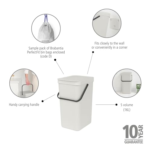 Brabantia Sort & Go Kitchen Recycling Bin | S / 4.2 Gal / 16L | Light Gray | Removable Stay-Open Lid, Carry Handle | Trash Can for Bottles, Cans, Paper, Glass | Wall-Mounting Bracket Included - color: Light Gray, size: 1x 4.2 Gal / 16L