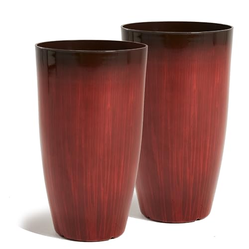Worth Garden 23.5" H. Large Plastic Planters - Set of 2 Gradient Red Glossy Smooth Finish - Tall Plant Pots for Indoor & Outdoor Use - Decorative Lightweight Flower Pots for Front Porch, Patio, Deck - color: Red, size: 23.5" Height