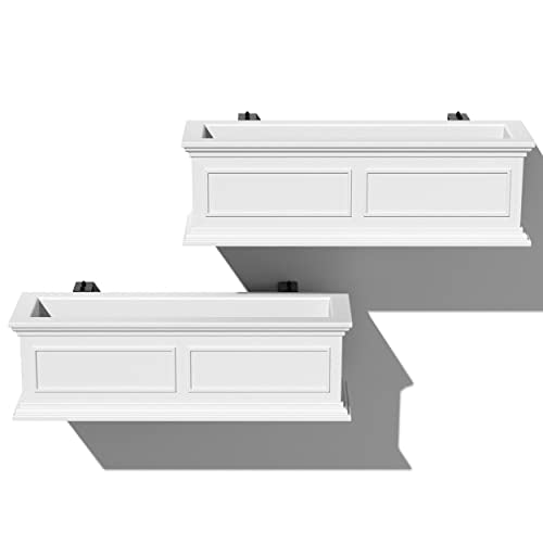 Veradek Brixton Series Plastic Railing Planter - Rectangular Planter for Outdoor Deck/Balcony | Crack-Resistant with Adjustable Rail Attachment | Classic Estate Design for Herbs, Succulents, Flowers - color: White, size: 11"H x 11"W x 36"L - 2 Pack
