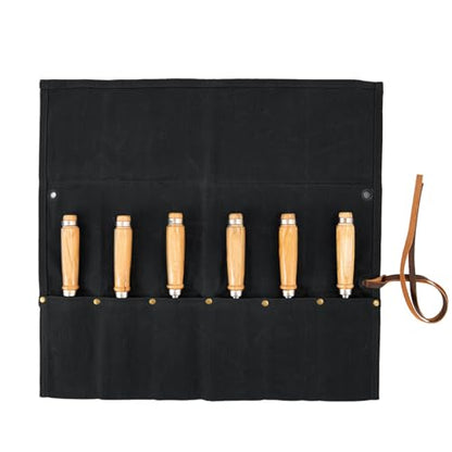 Chisel Roll, 6 Pockets Roll Up Tool Pouch, Waxed Canvas Small Tool Roll - color: Black
