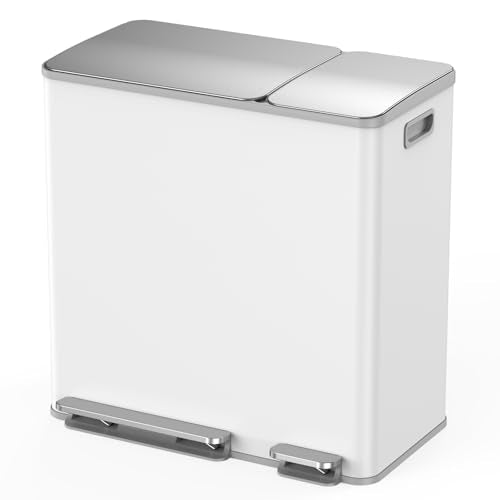 Lovewind Double Trash Can Kitchen, 13+5.5 Gallon Stainless Steel Dual Trash and Recycle Bin Combo with Silent Close Lid, Heavy-Duty Foot Pedal, Easy to Clean Garbage Can for Large Families, White - color: White, size: 13+5.5 Gallon